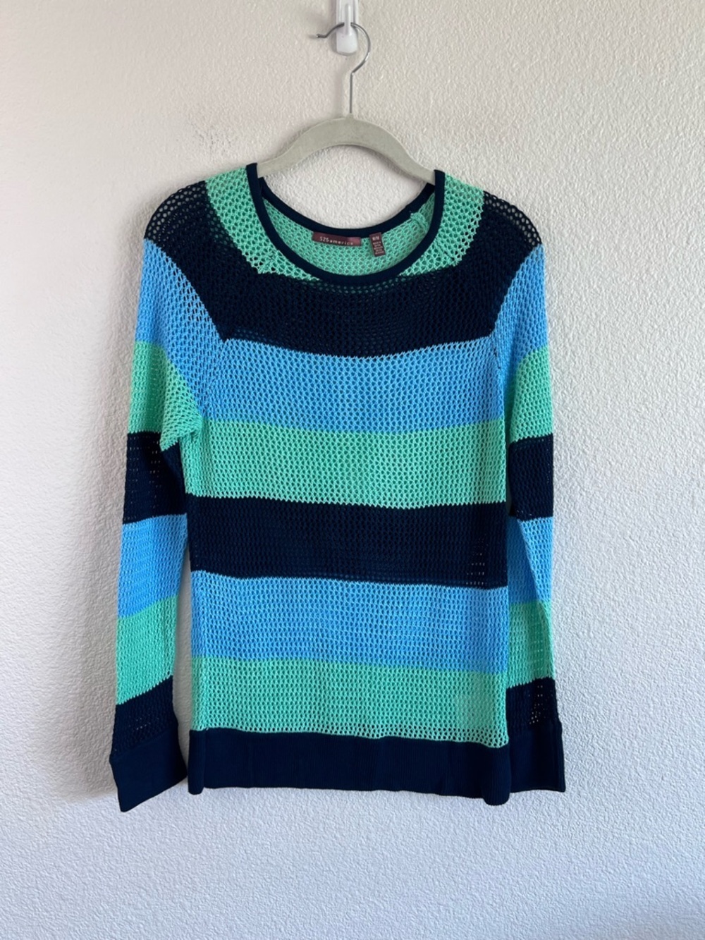 525‎ America Women's Open Knit Striped Mesh Crochet Long Sleeve Sweater